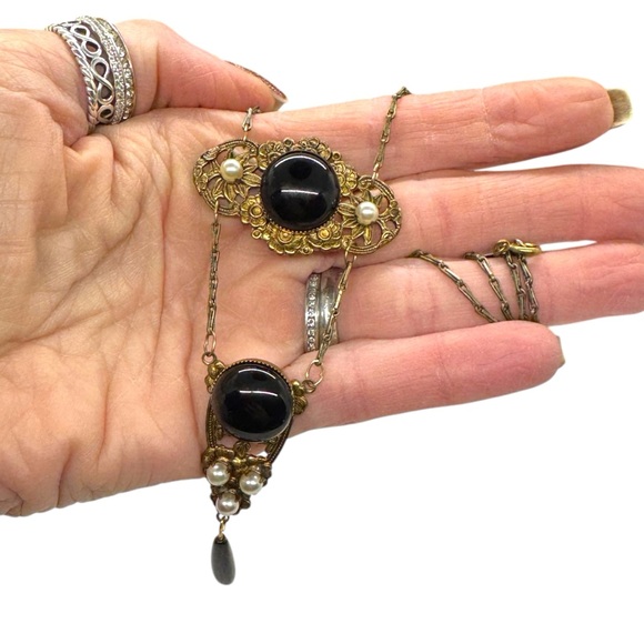 Vintage Victorian Jet Glass & Faux Pearl Drop Necklace - Picture 10 of 10